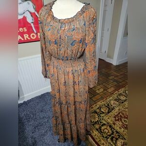 Elegant Paisley Long Sleeve Dress in Orange and Blue